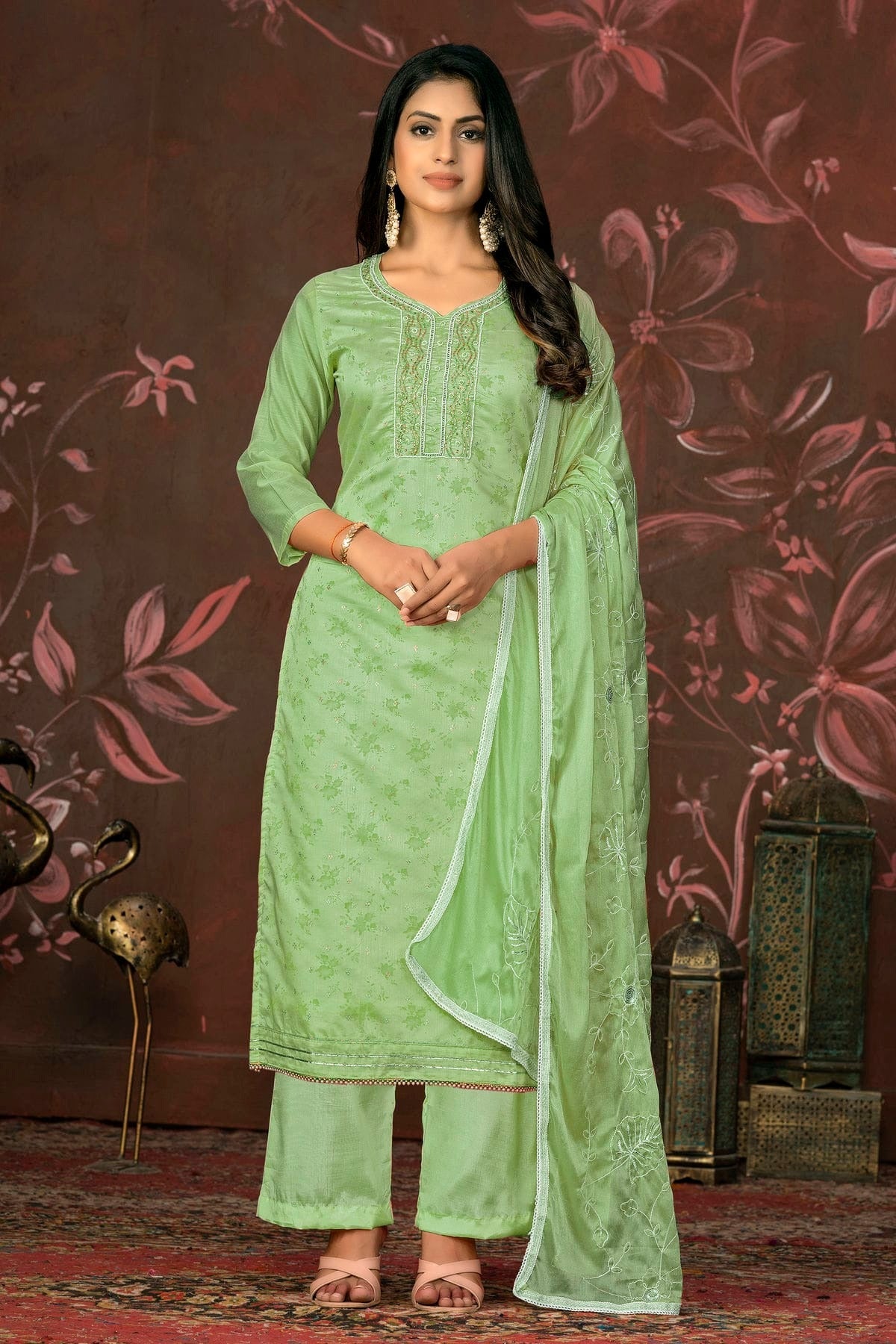 Pista Green Colour Unstitched Cotton Jacquard Straight Suit US1161264