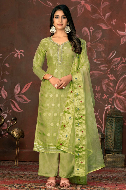 Pista Green Colour Unstitched Modal Cotton Jacquard Straight Suit US1161282