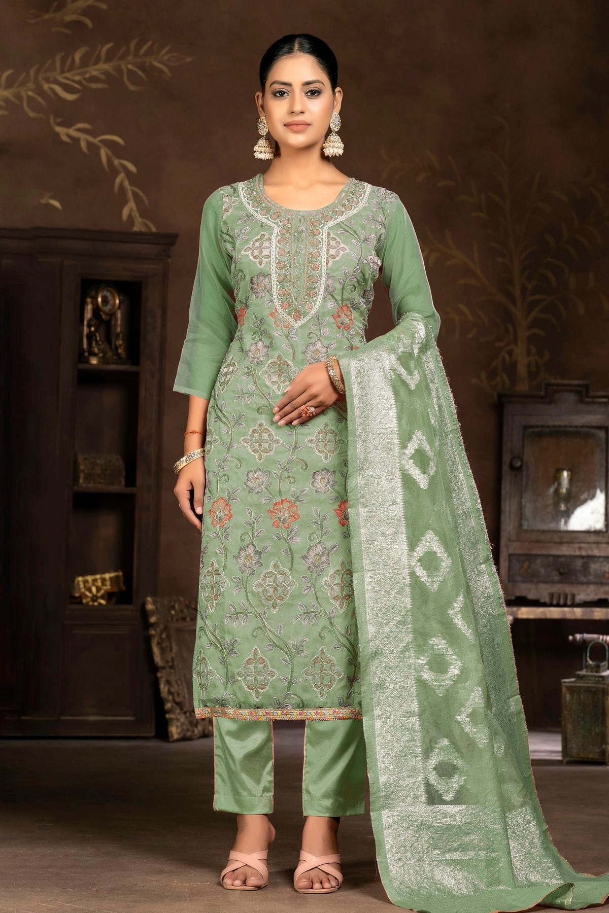 Pista Green Colour Unstitched Organza Pant Style Suit US1161341