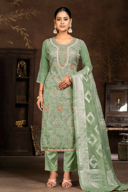 Pista Green Colour Unstitched Organza Pant Style Suit US1161341