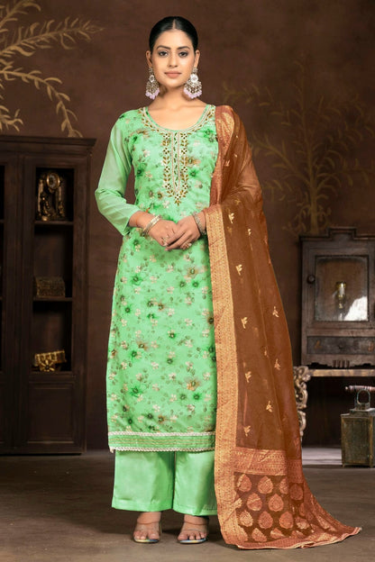 Pista Green Colour Unstitched Organza Plazzo Pant Suit US1160840