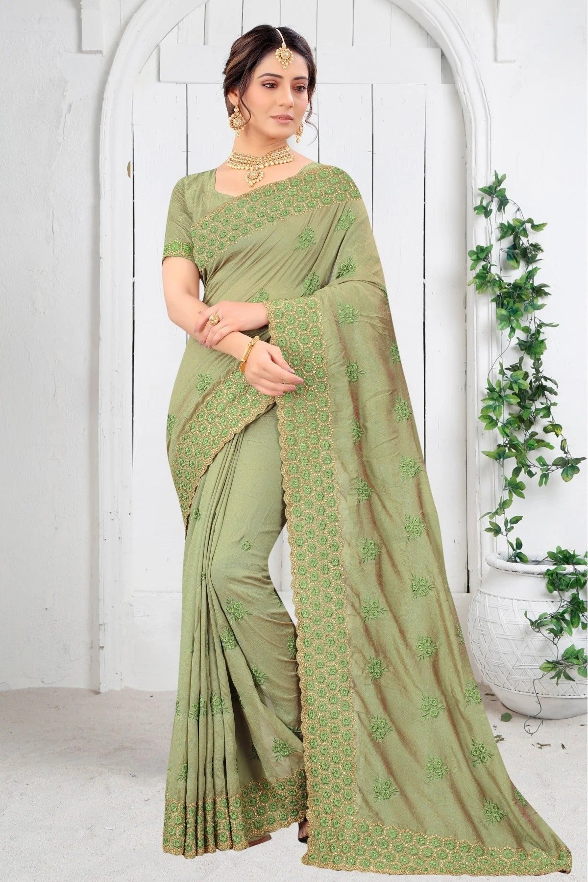 Pista Green Colour Vichitra Silk Embroidery Saree SD1120209