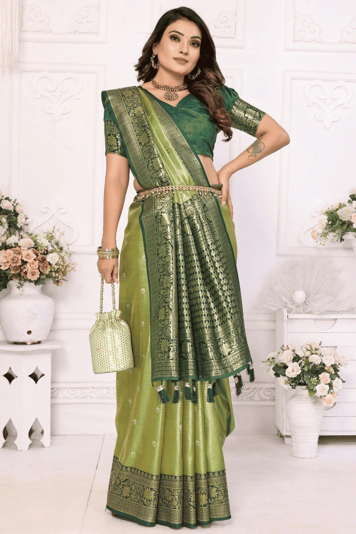 Pista Green Colour Woven Work Pure Banarasi Tissue Silk Traditional Saree SD1250251 A