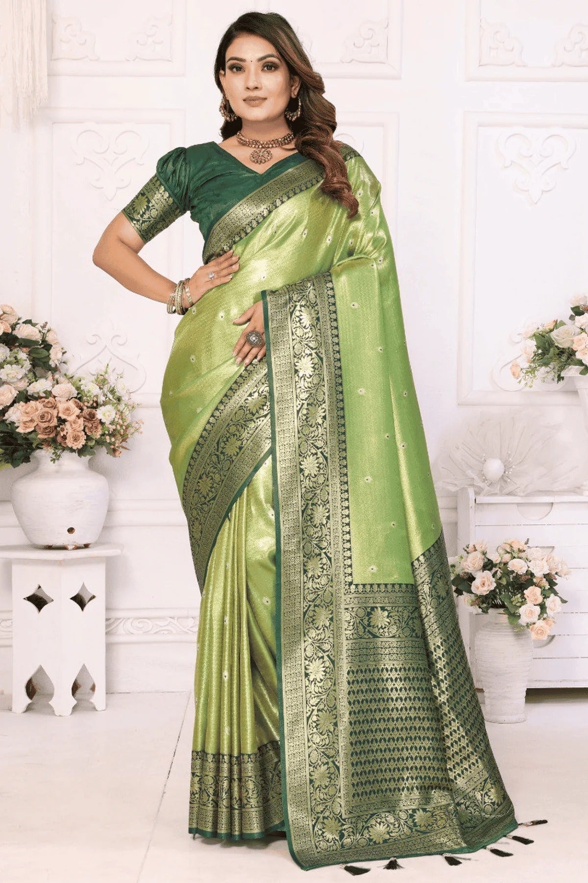 Pista Green Colour Woven Work Pure Banarasi Tissue Silk Traditional Saree SD1250251