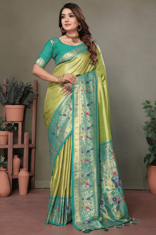 Pista Green Colour Woven Work Pure Banarasi Tissue Silk Traditional Saree SD1250271