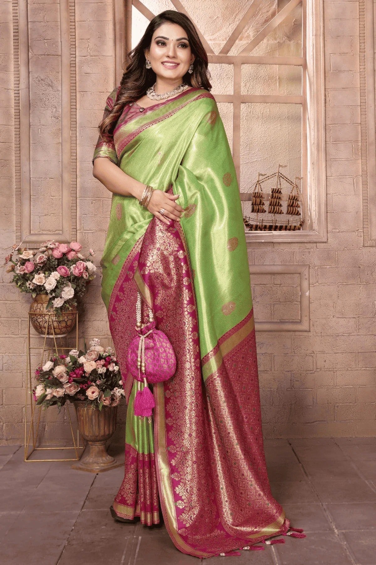 Pista Green Colour Woven Work Pure Banarasi Tissue Silk Traditional Saree SD1250286 A