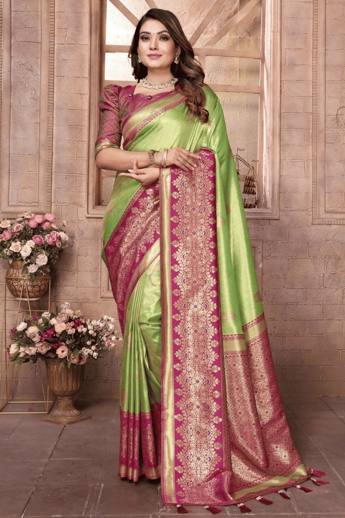 Pista Green Colour Woven Work Pure Banarasi Tissue Silk Traditional Saree SD1250286