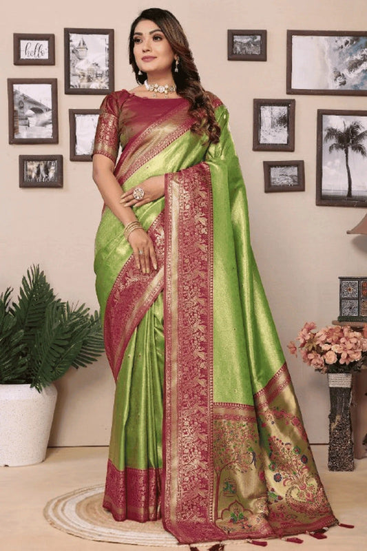 Pista Green Colour Woven Work Pure Banarasi Tissue Silk Traditional Saree SD1250307
