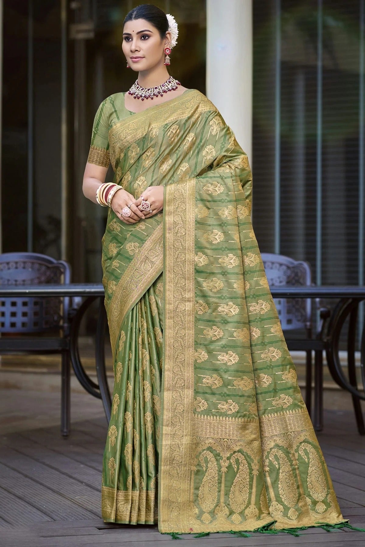 Pista Green Colour Woven Work Satin Silk Traditional Saree SD1103206
