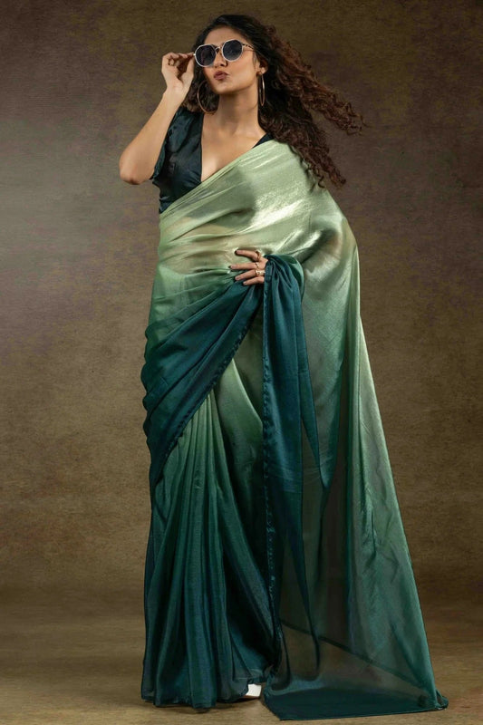 Pista Green and Teal Colour Fendi Satin Silk Ready To Wear Saree SD1122018
