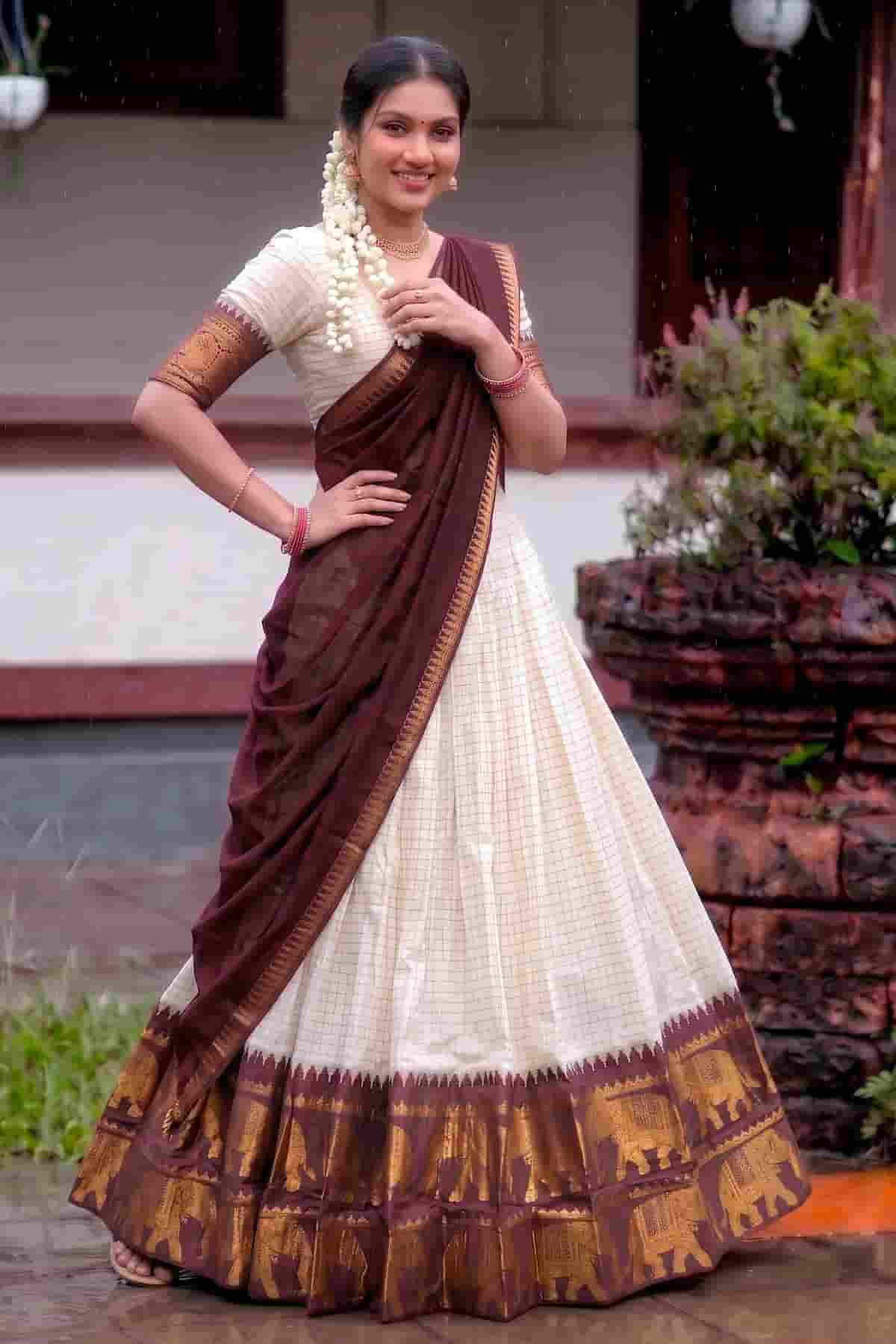 Poly Cotton Zari Woven Work Stitched Lehenga Choli In Brown Colour