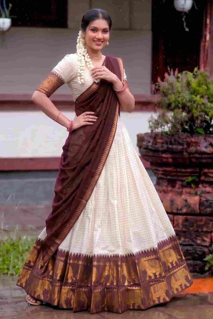 Poly Cotton Zari Woven Work Stitched Lehenga Choli In Brown Colour