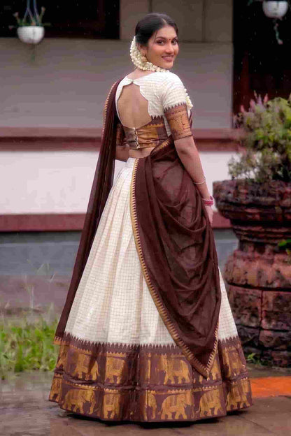 Poly Cotton Zari Woven Work Stitched Lehenga Choli In Brown Colour