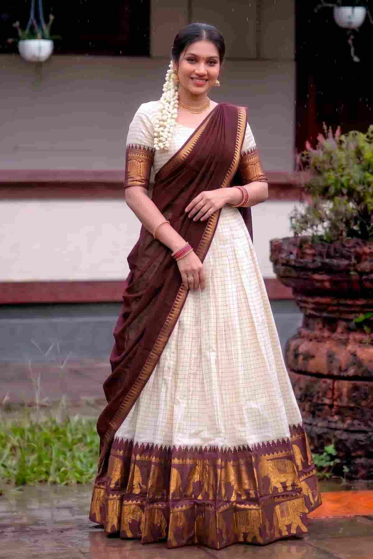 Poly Cotton Zari Woven Work Stitched Lehenga Choli In Brown Colour