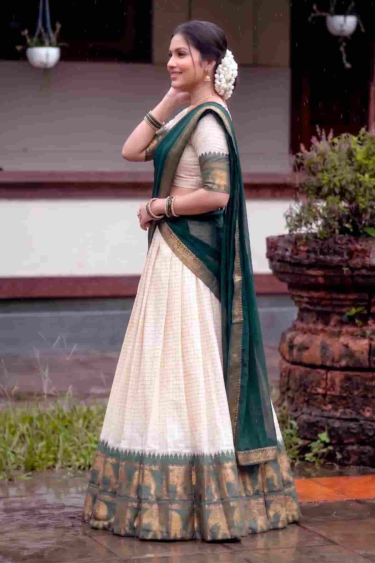 Poly Cotton Zari Woven Work Stitched Lehenga Choli In Green Colour