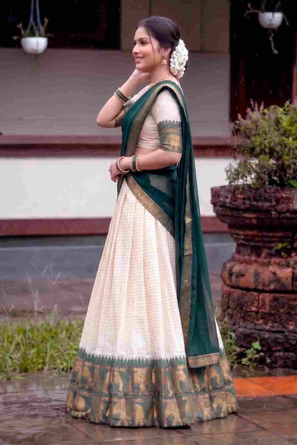 Poly Cotton Zari Woven Work Stitched Lehenga Choli In Green Colour