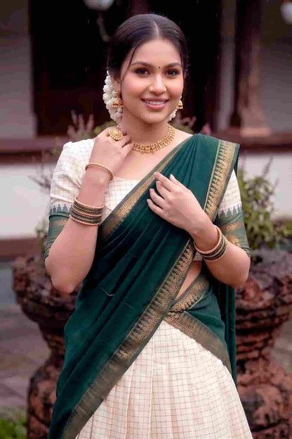 Poly Cotton Zari Woven Work Stitched Lehenga Choli In Green Colour