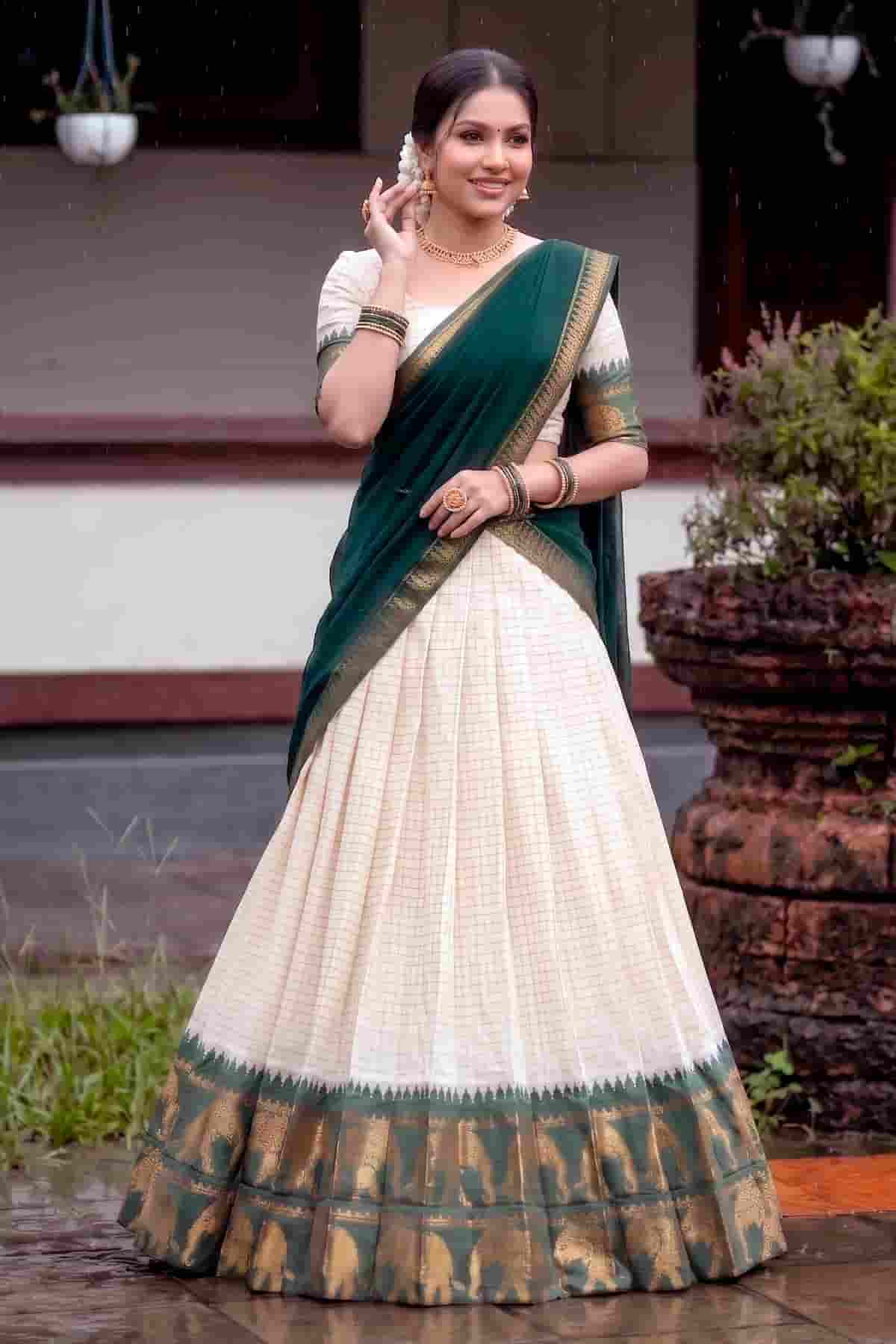 Poly Cotton Zari Woven Work Stitched Lehenga Choli In Green Colour
