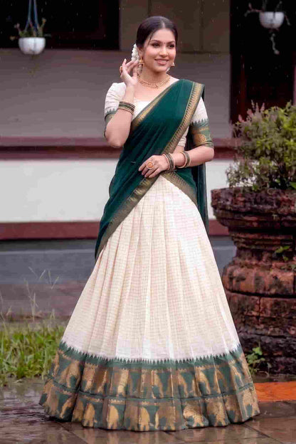 Poly Cotton Zari Woven Work Stitched Lehenga Choli In Green Colour