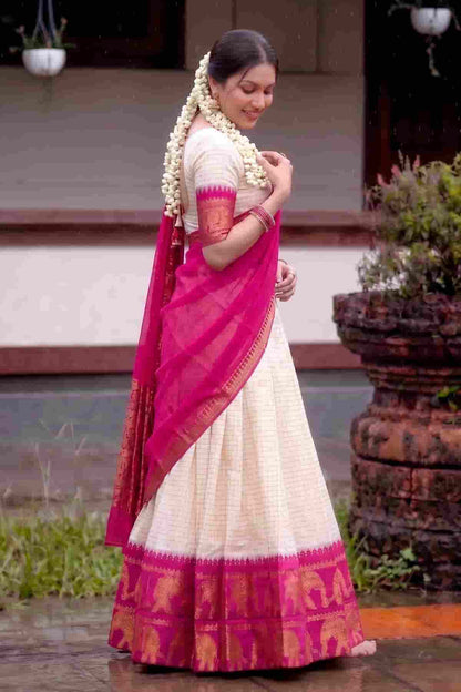 Poly Cotton Zari Woven Work Stitched Lehenga Choli In Pink Colour
