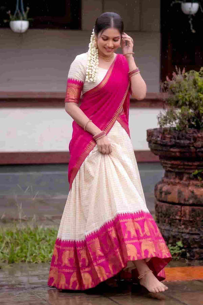 Poly Cotton Zari Woven Work Stitched Lehenga Choli In Pink Colour
