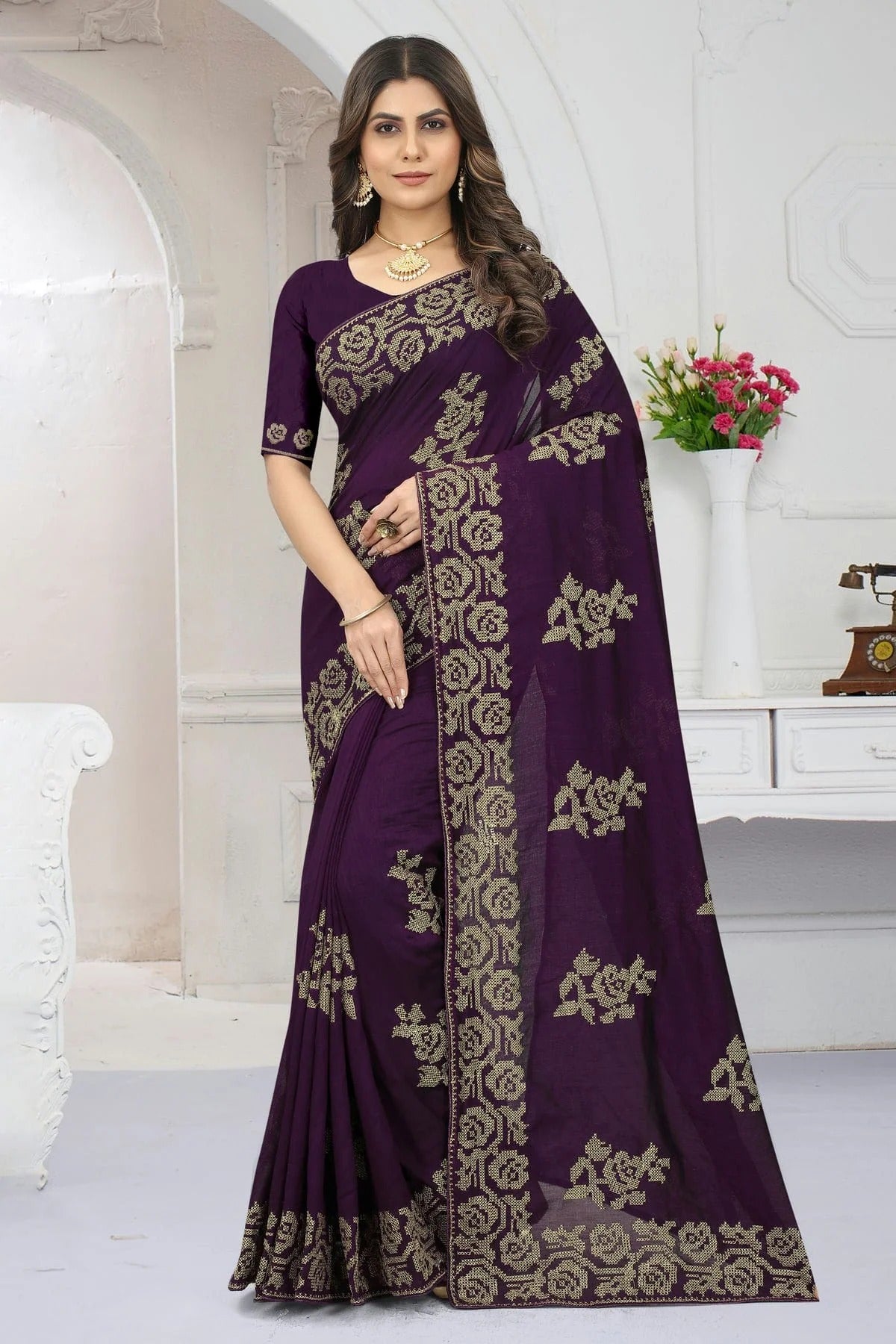 Purple  Colour Vichitra Silk Designer Saree LC1121379