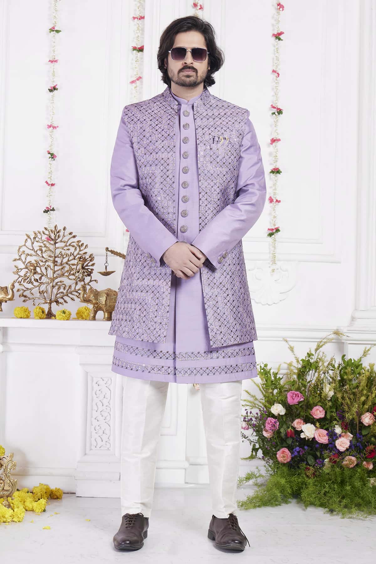 Purple Art Silk Embroidery Work 3 Pcs Jacket Set