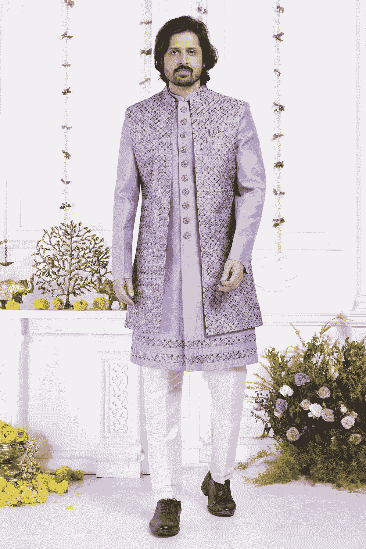Purple Art Silk Embroidery Work 3 Pcs Jacket Set