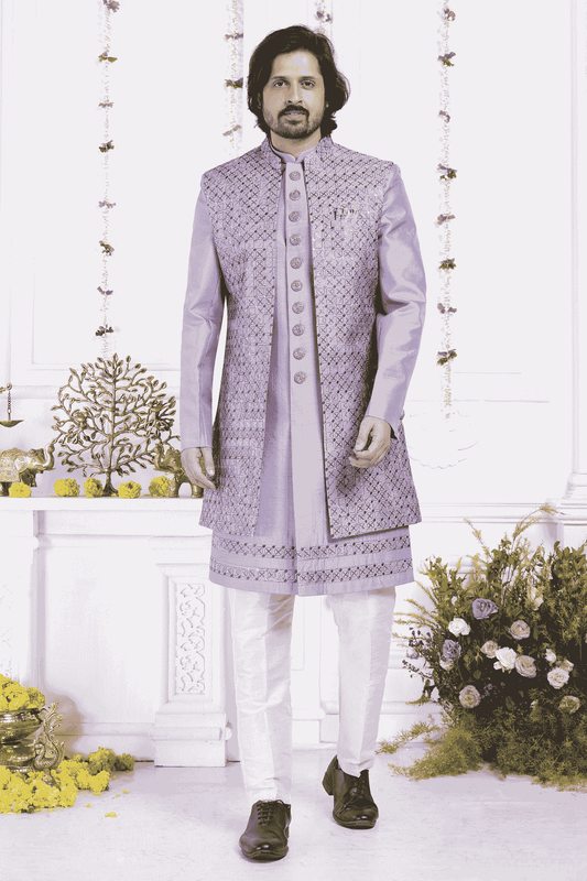 Purple Art Silk Embroidery Work 3 Pcs Jacket Set