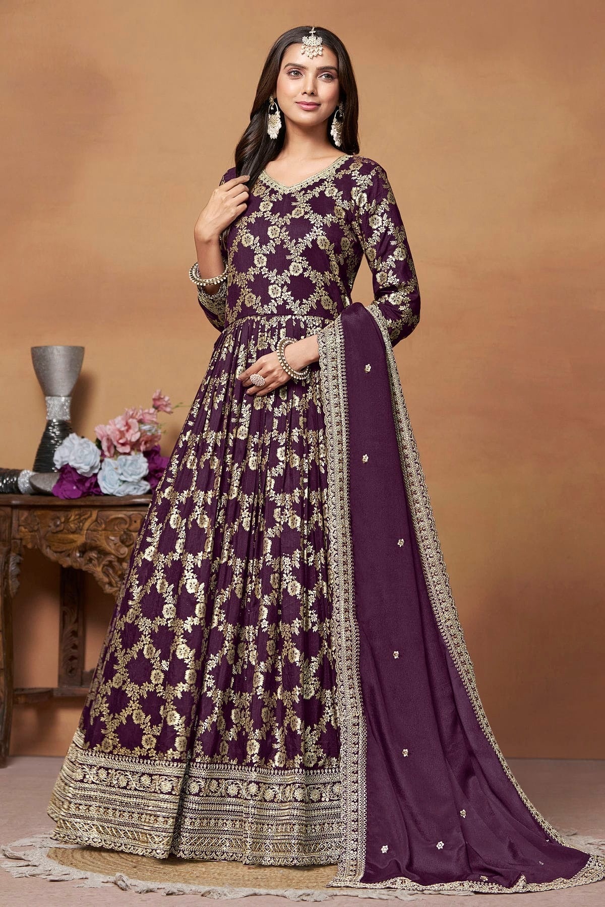Purple Colour Anarkali Suit Dola Jacquard Semi Stitched SM1050541