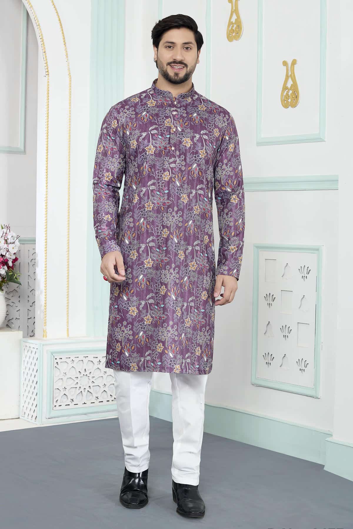 Purple Colour Art Silk Digital Print Work Kurta Pajama