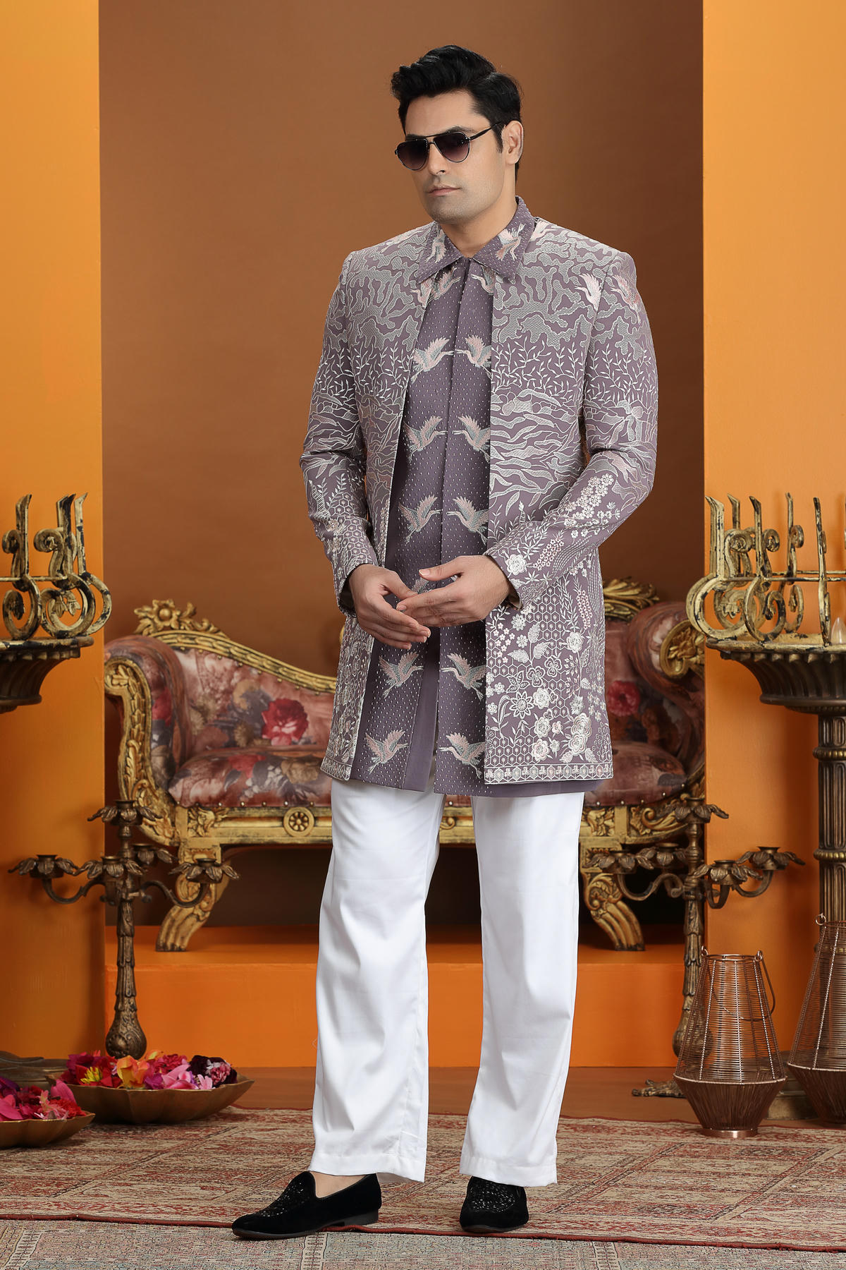 Purple Colour Art Silk Embroidery Work 3 Pcs Jacket Set Sherwani