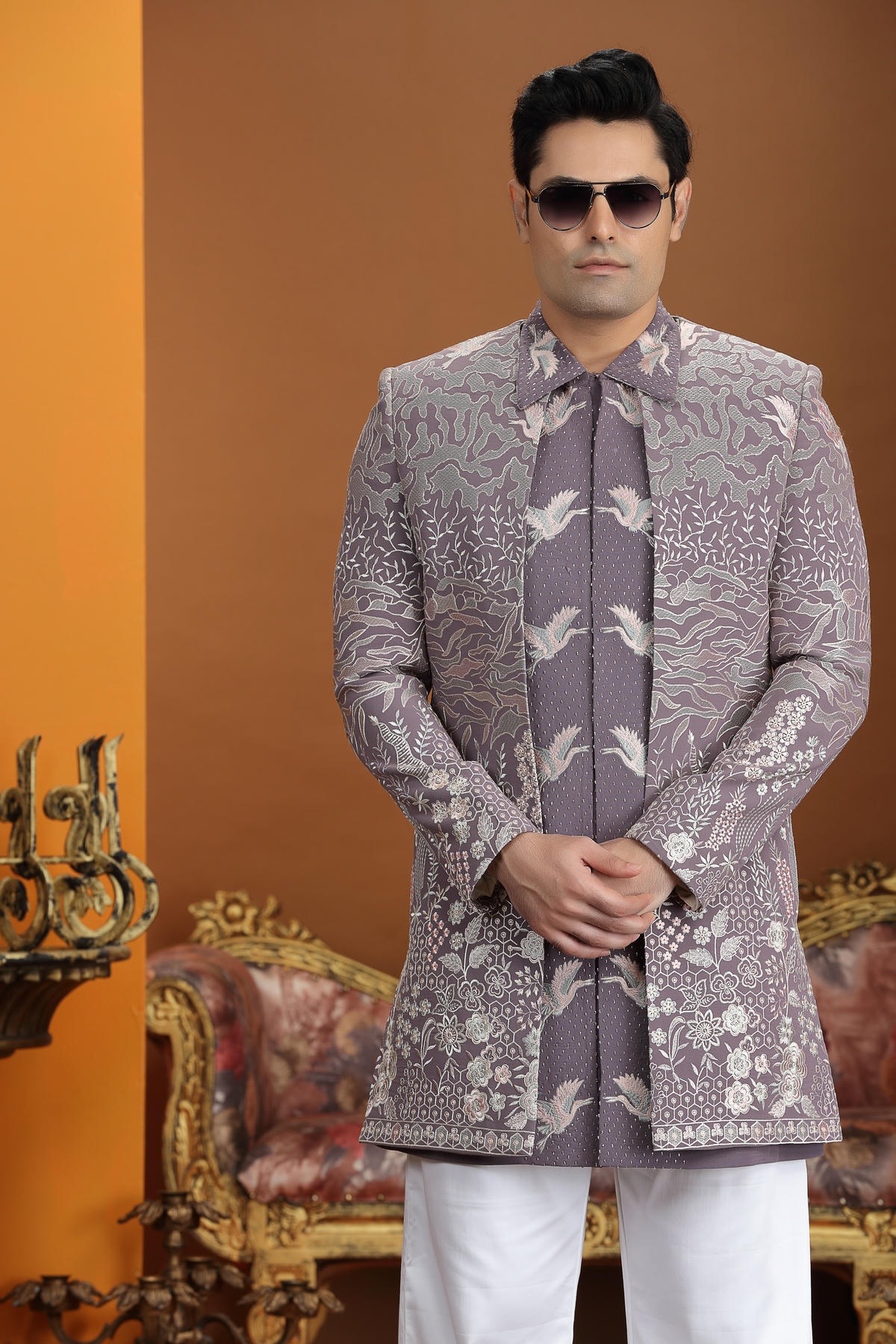 Purple Colour Art Silk Embroidery Work 3 Pcs Jacket Set Sherwani