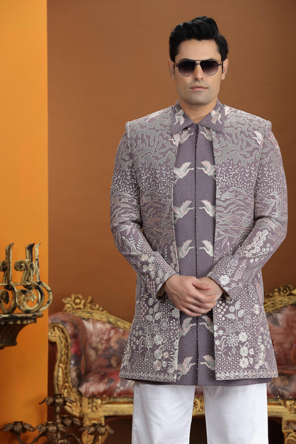 Purple Colour Art Silk Embroidery Work 3 Pcs Jacket Set Sherwani