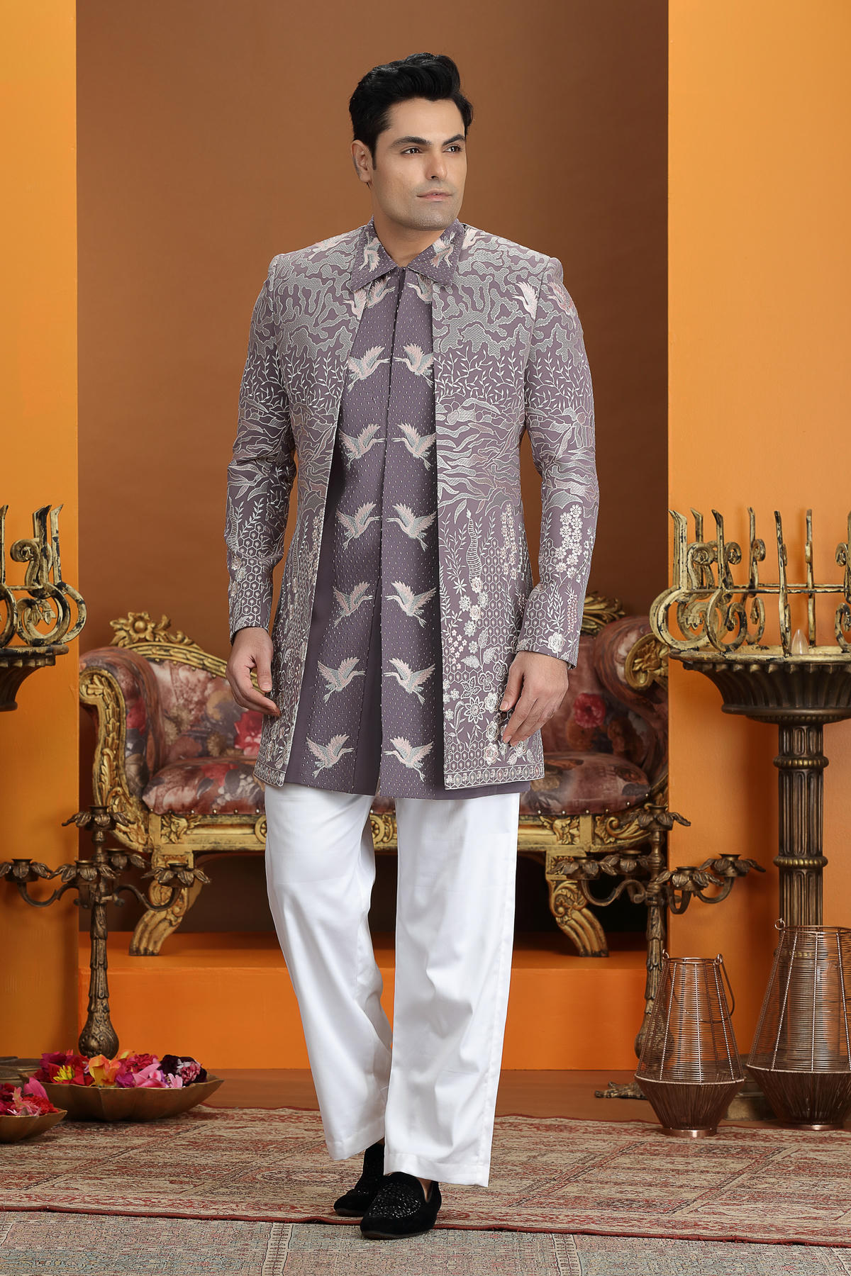Purple Colour Art Silk Embroidery Work 3 Pcs Jacket Set Sherwani