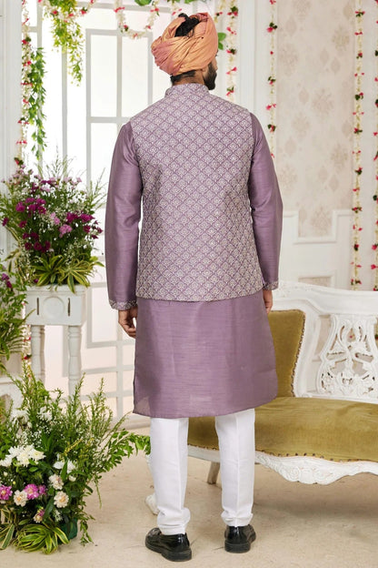Purple Colour Art Silk Kurta Pajama With Jacket KP1230270 A