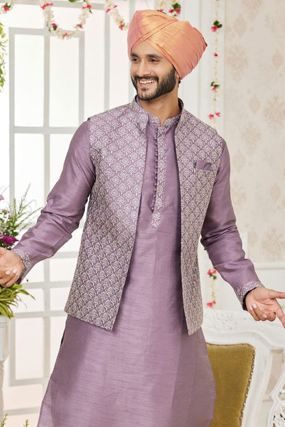 Purple Colour Art Silk Kurta Pajama With Jacket KP1230270 B