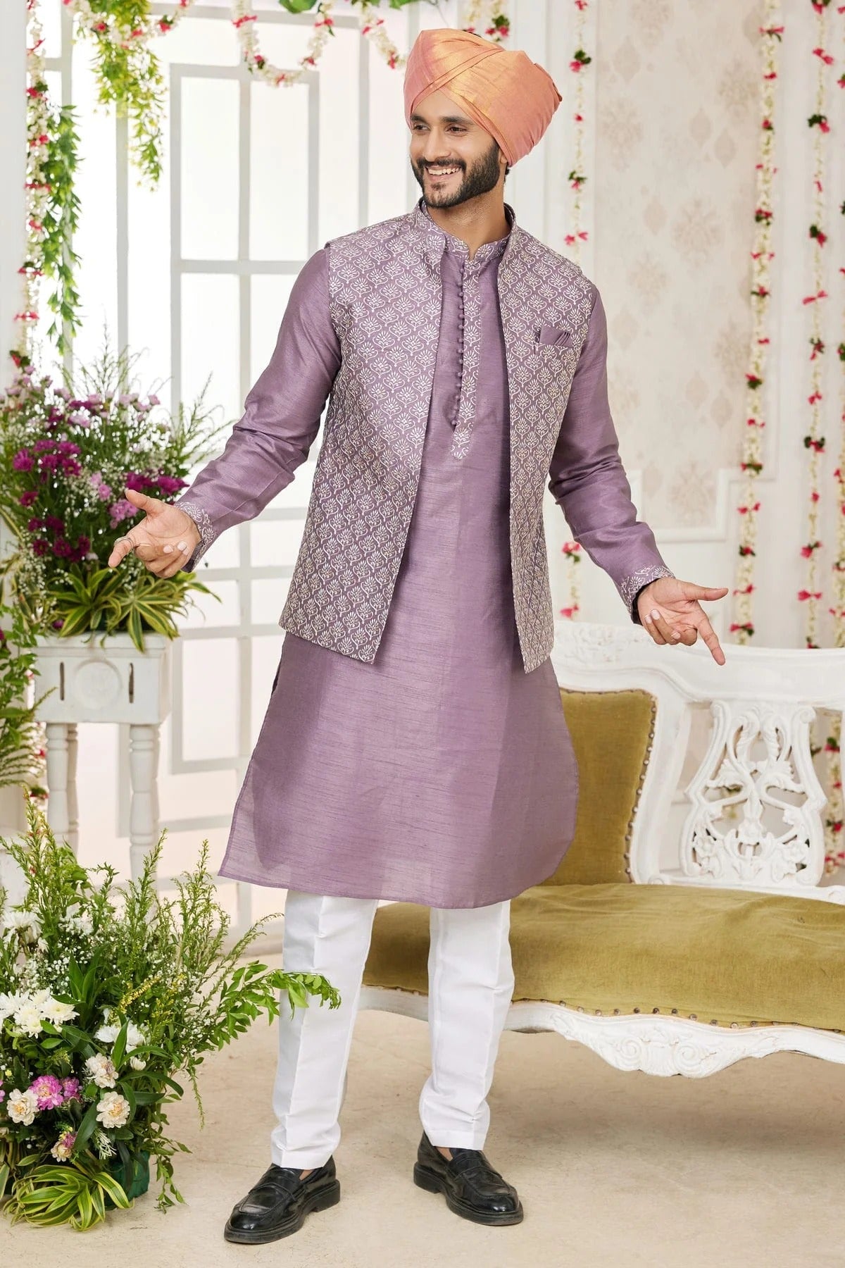 Purple Colour Art Silk Kurta Pajama With Jacket KP1230270