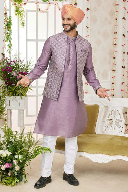 Purple Colour Art Silk Kurta Pajama With Jacket KP1230270