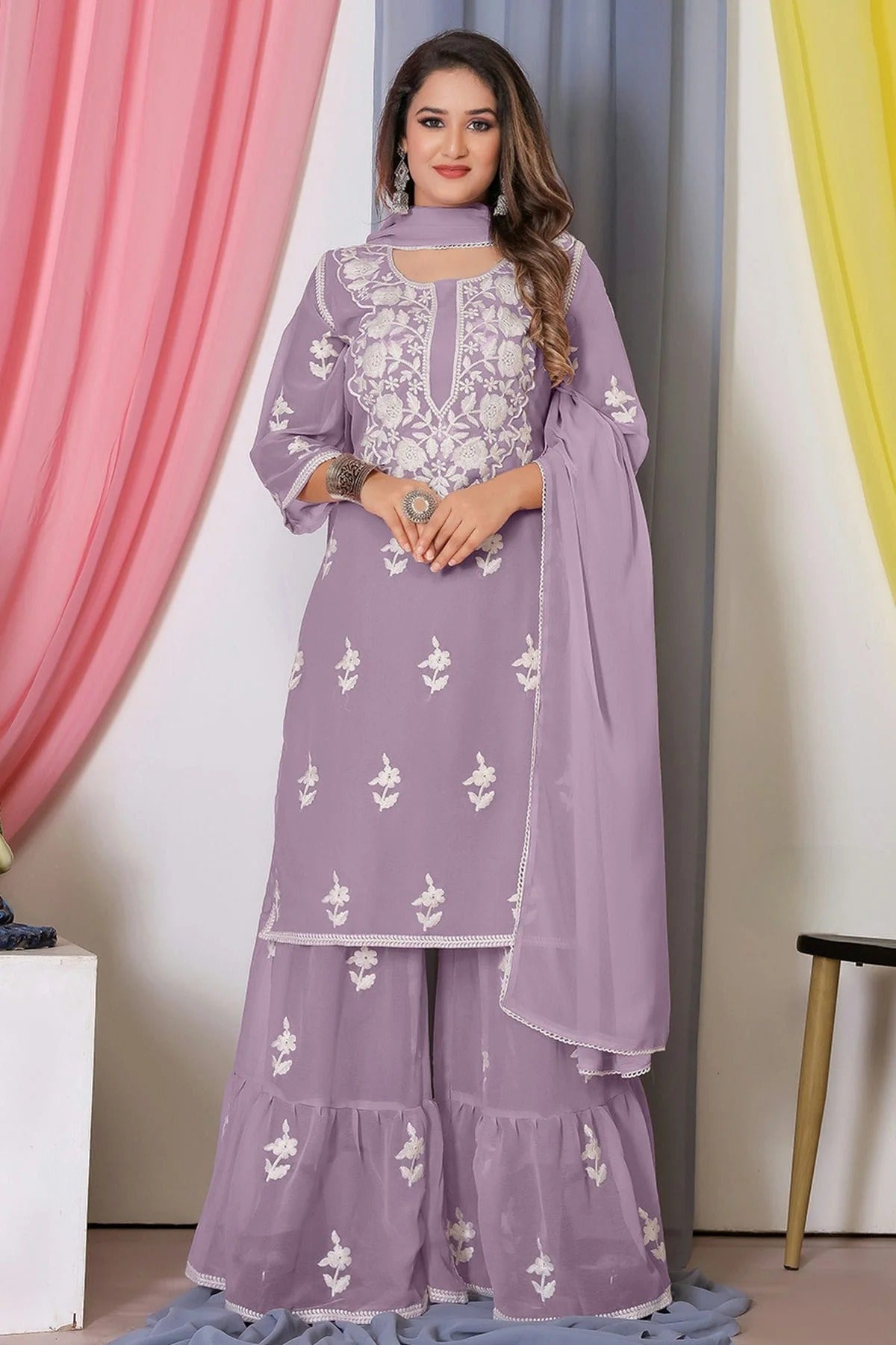 Purple Colour Bamber Georgette Sharara Suit SM1110568