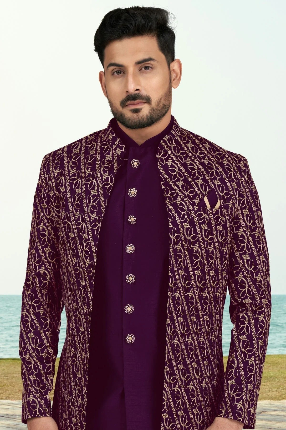 Purple Colour Banarasi Silk Sherwani SH1040536 A