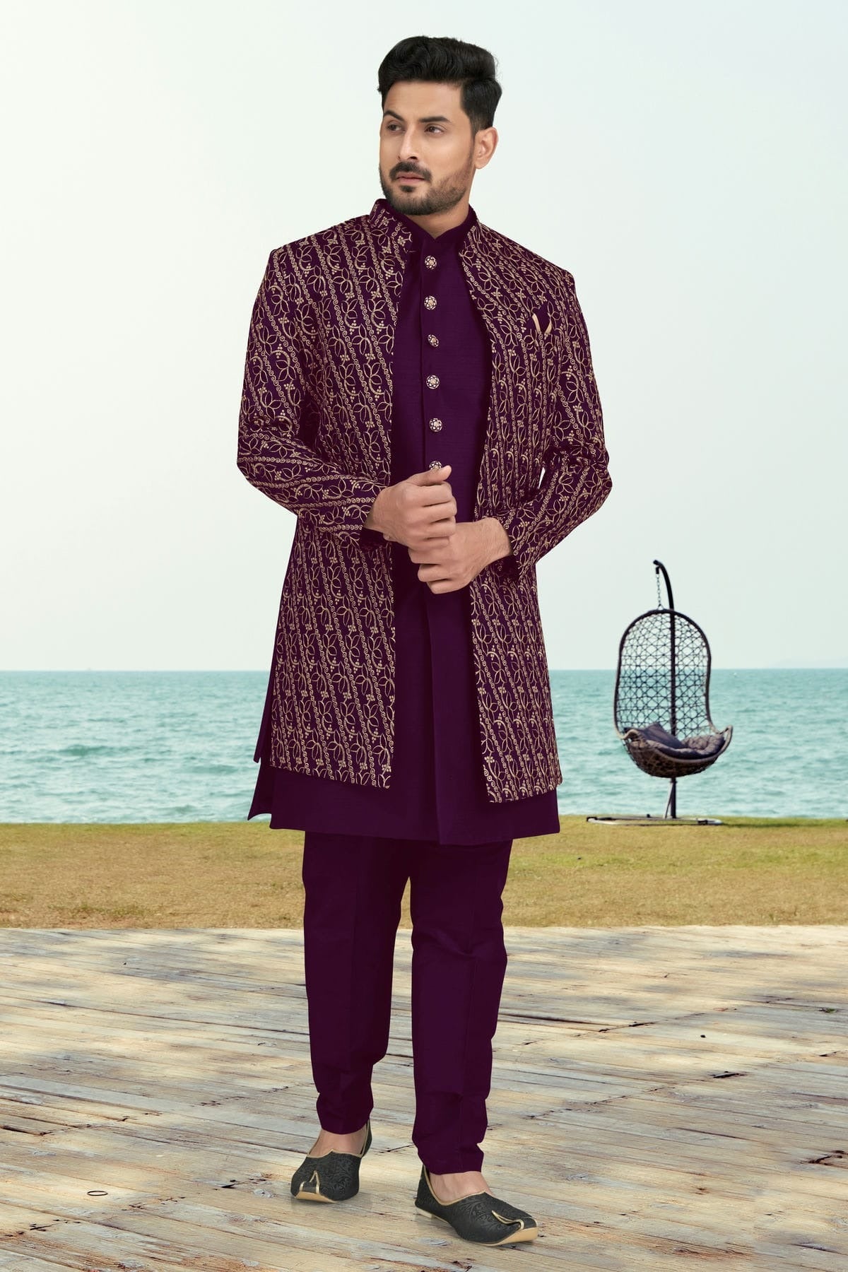 Purple Colour Banarasi Silk Sherwani SH1040536
