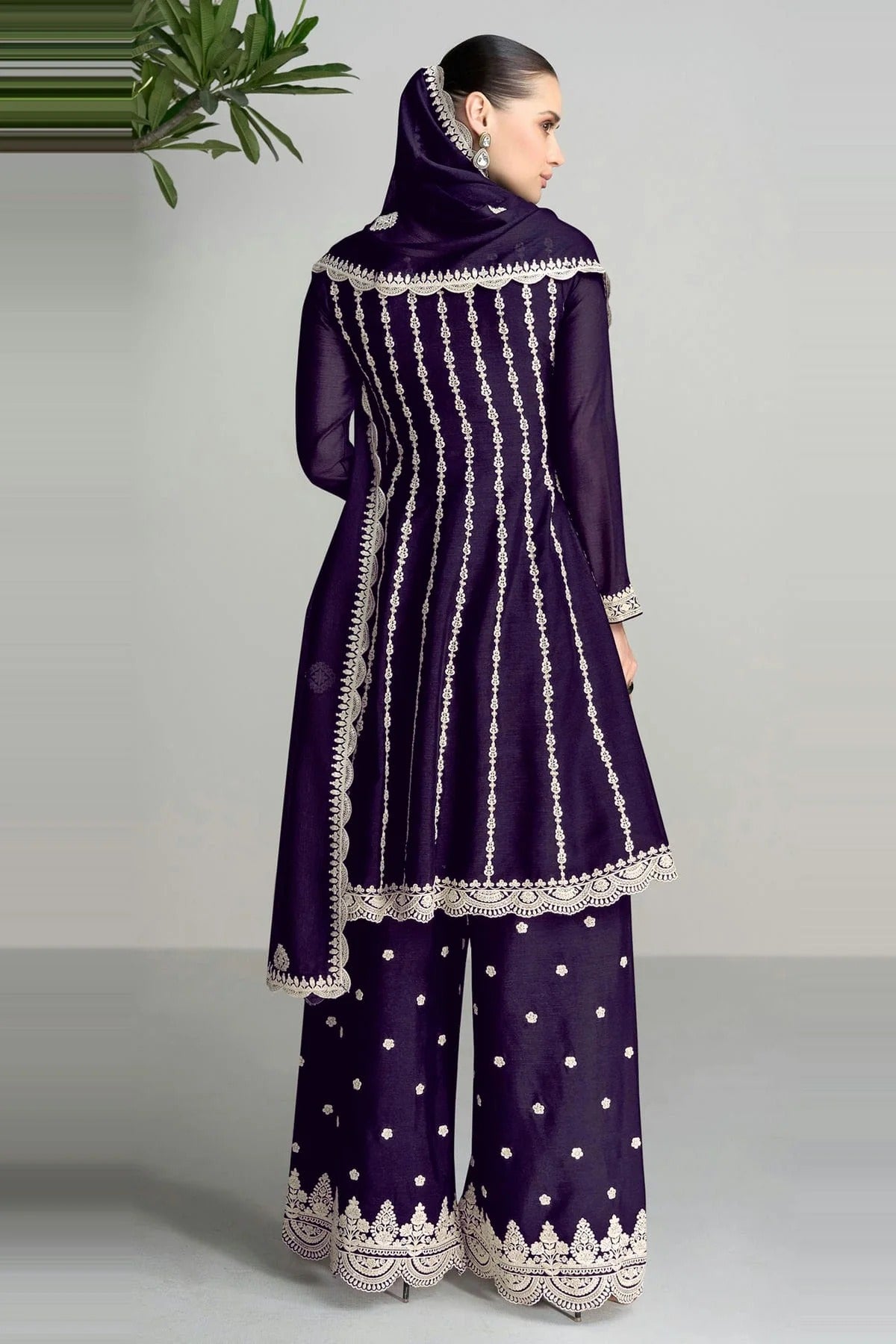 Purple Colour Blomming Chinon Palazzo Pant Suit SM1140066 A