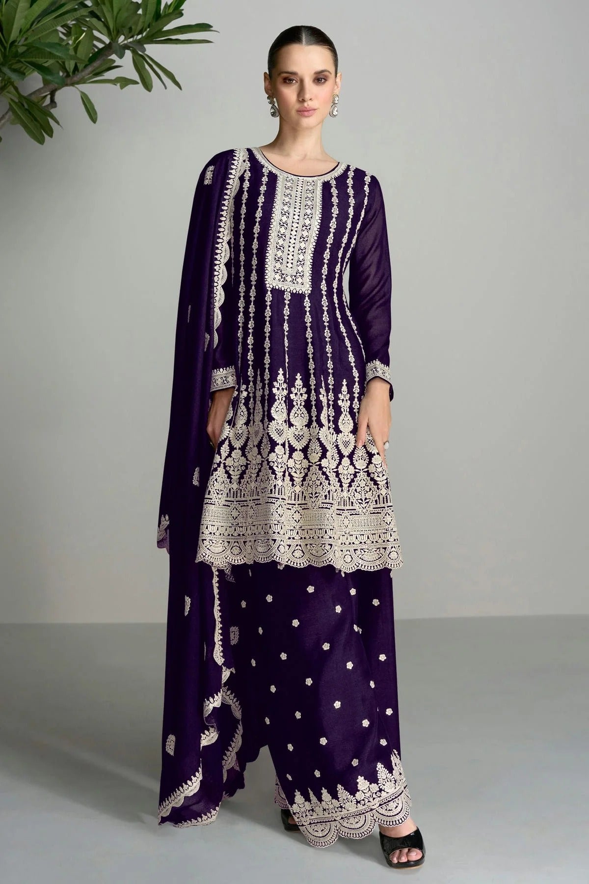 Purple Colour Blomming Chinon Palazzo Pant Suit SM1140066