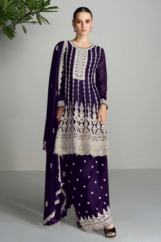 Purple Colour Blomming Chinon Palazzo Pant Suit SM1140066