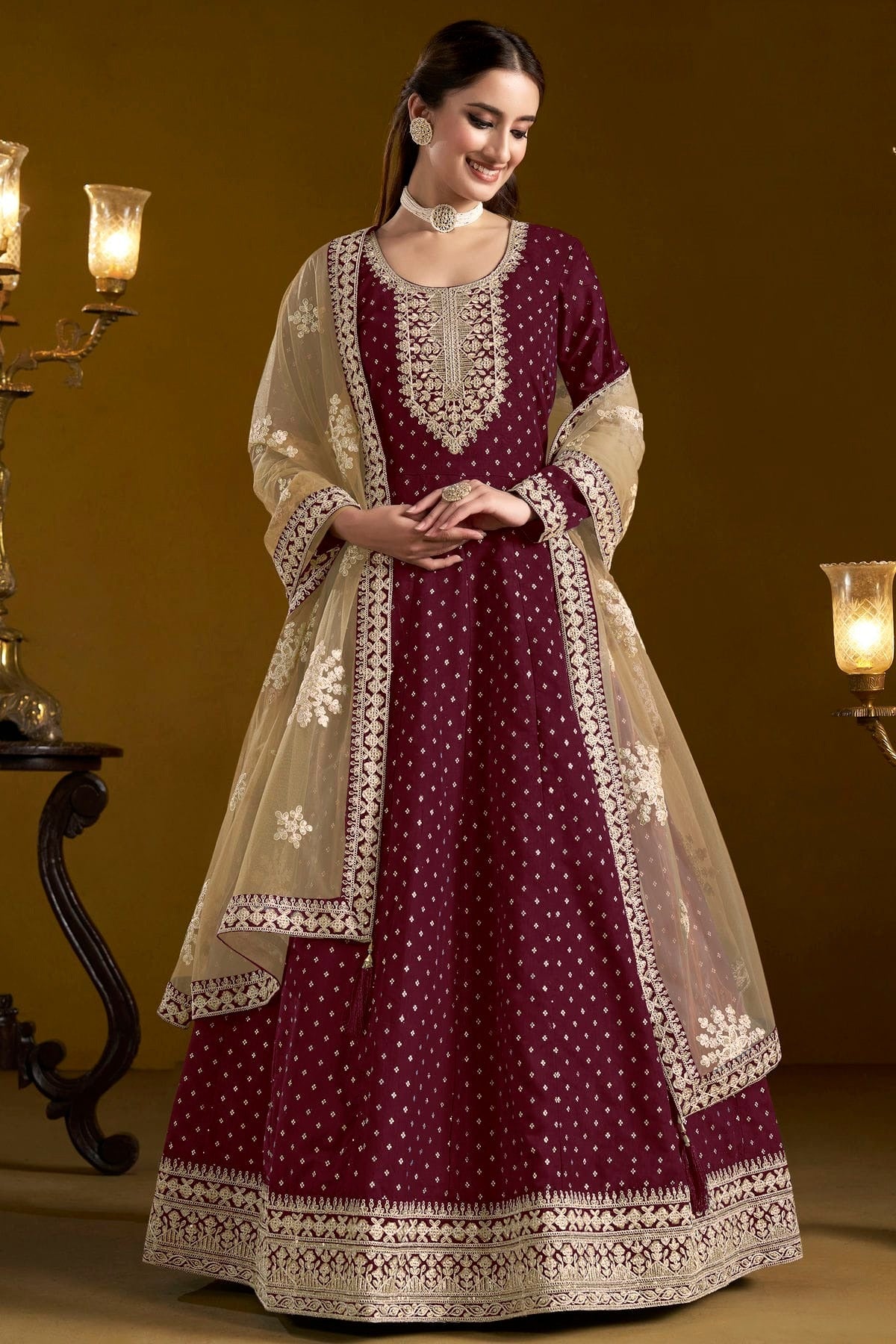 Purple Colour Chanderi Butti Semi Stitched Anarkali Suit SM1050650 A
