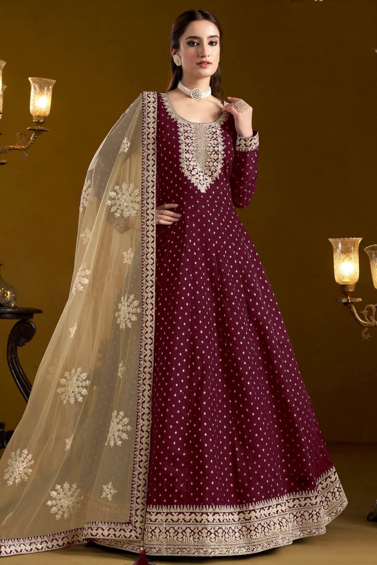 Purple Colour Chanderi Butti Semi Stitched Anarkali Suit SM1050650