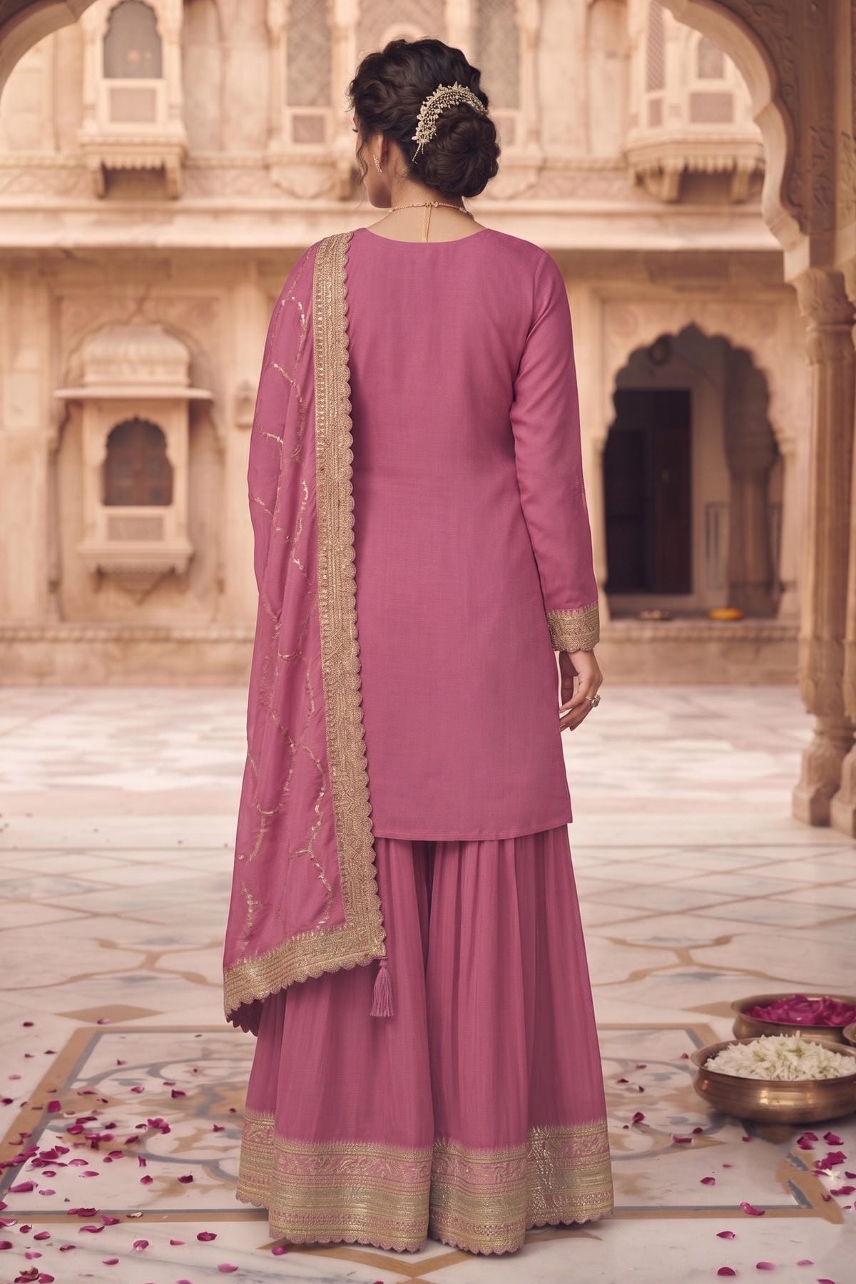 Purple Colour Chinon Embroidery Work Palazzo Pant Suit