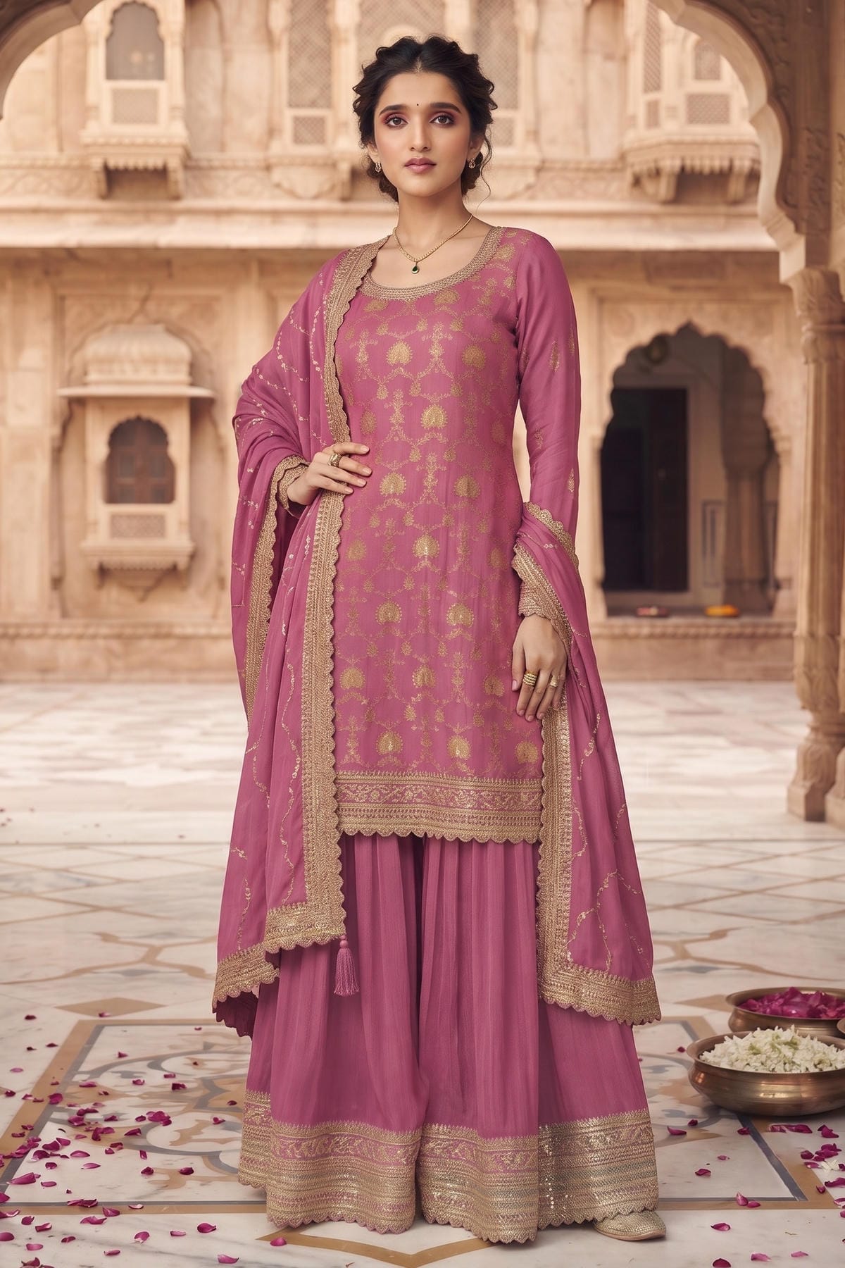 Purple Colour Chinon Embroidery Work Palazzo Pant Suit