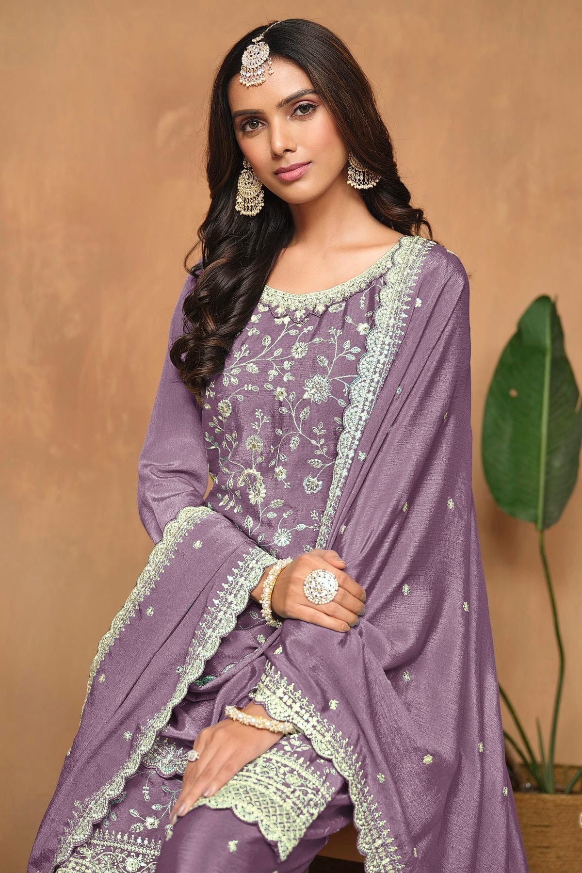Purple Colour Chinon Palazzo Pant Suit SM1050581 A